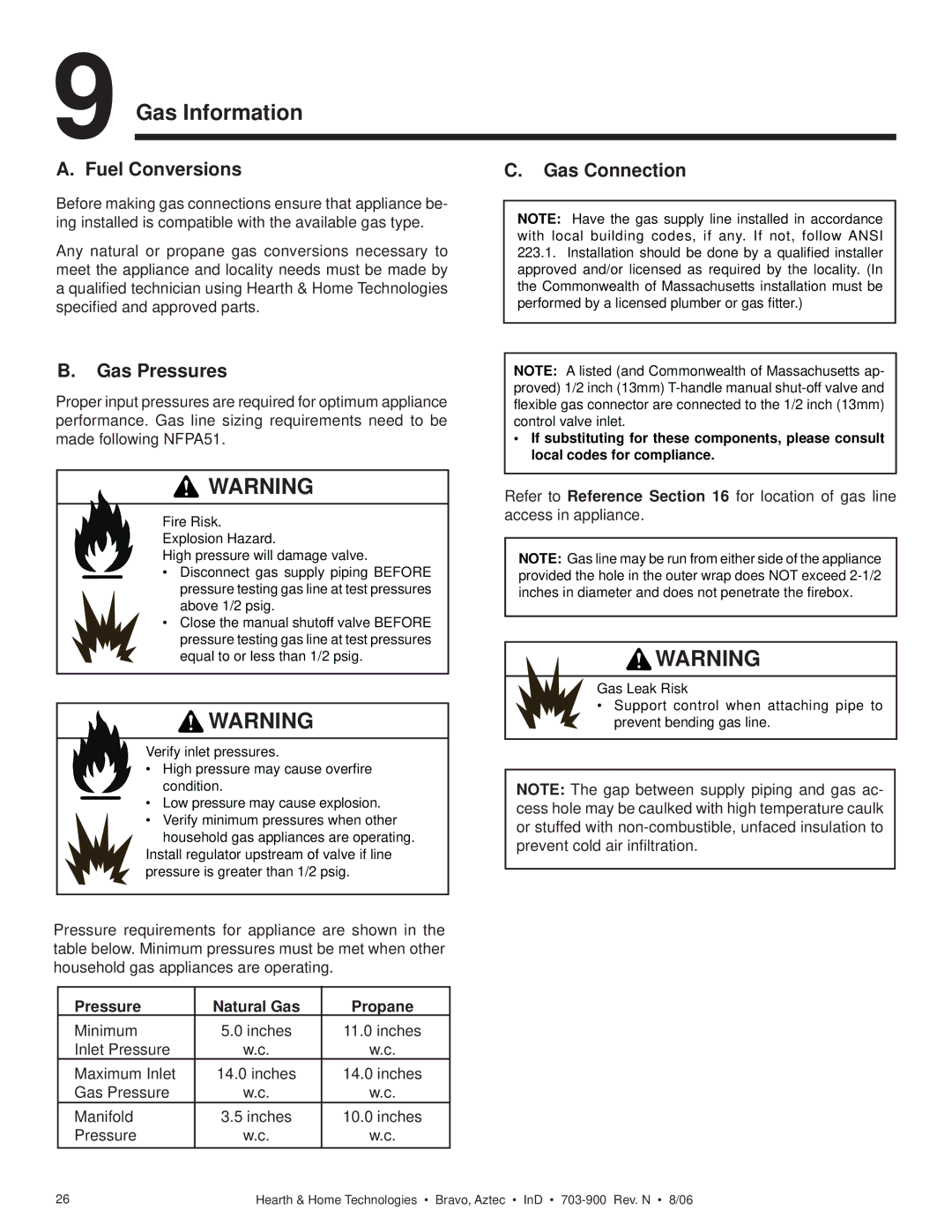 Hearth and Home Technologies Bravo, Aztec owner manual Gas Information, Fuel Conversions Gas Connection, Gas Pressures 