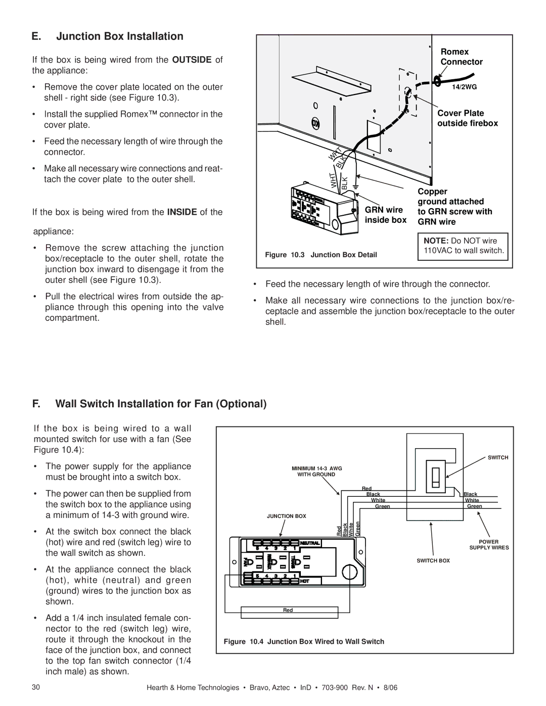 Hearth and Home Technologies Bravo, Aztec owner manual Junction Box Installation, Wall Switch Installation for Fan Optional 