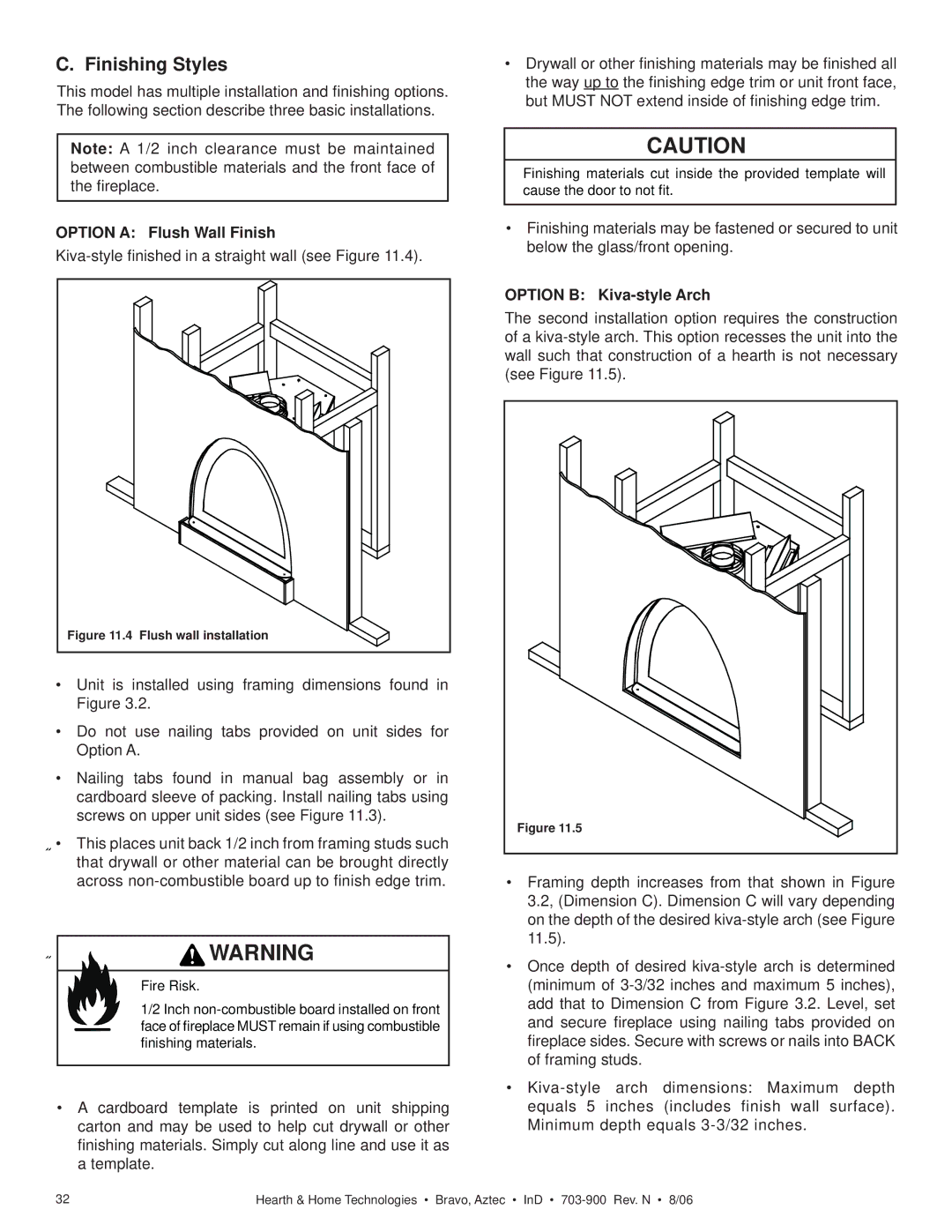 Hearth and Home Technologies Bravo, Aztec Finishing Styles, Option a Flush Wall Finish, Option B Kiva-style Arch 