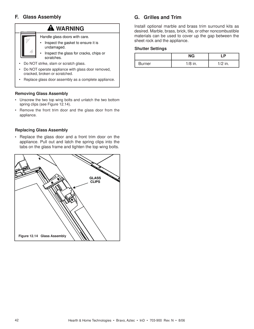 Hearth and Home Technologies Bravo, Aztec Grilles and Trim, Removing Glass Assembly, Replacing Glass Assembly 