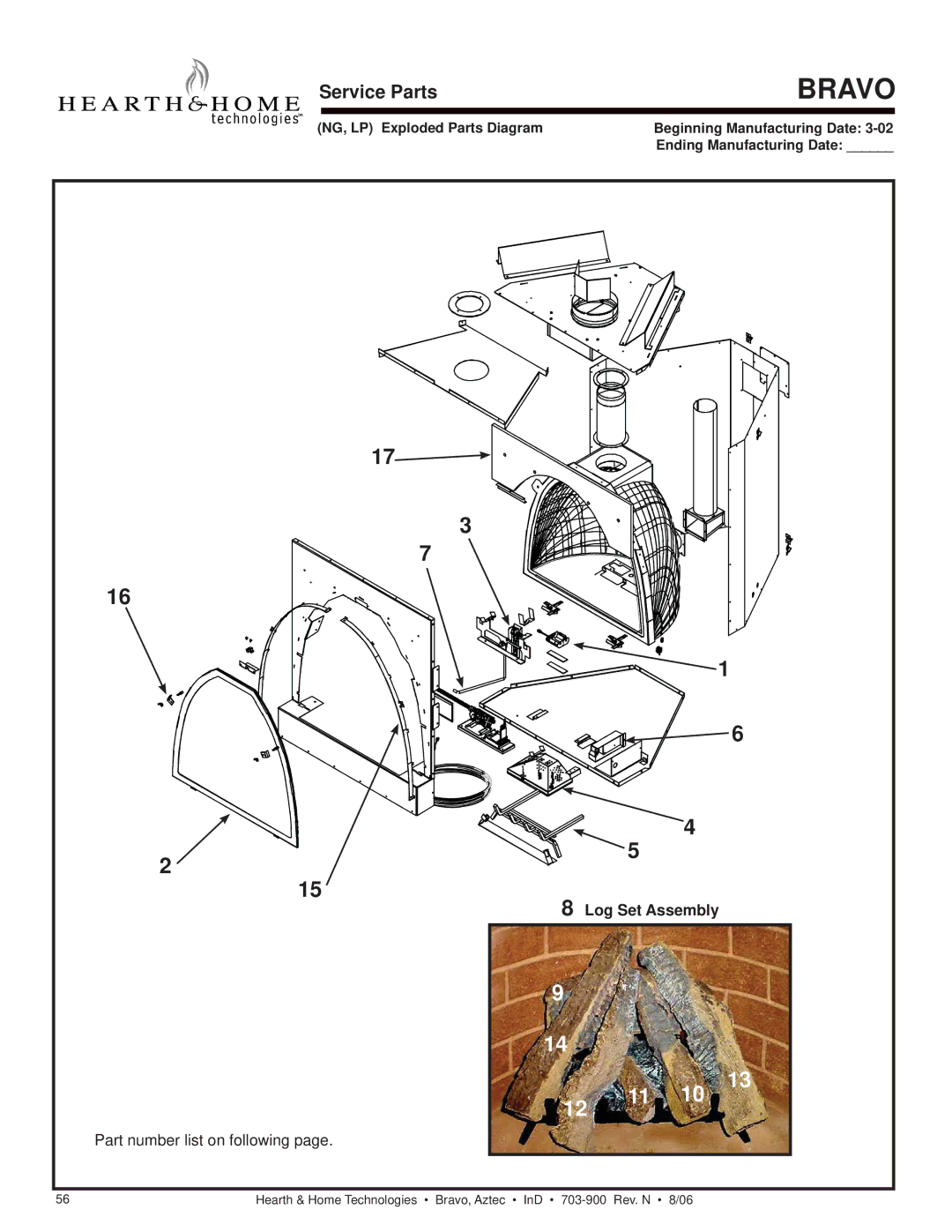 Hearth and Home Technologies Bravo, Aztec owner manual Service Parts, Log Set Assembly 