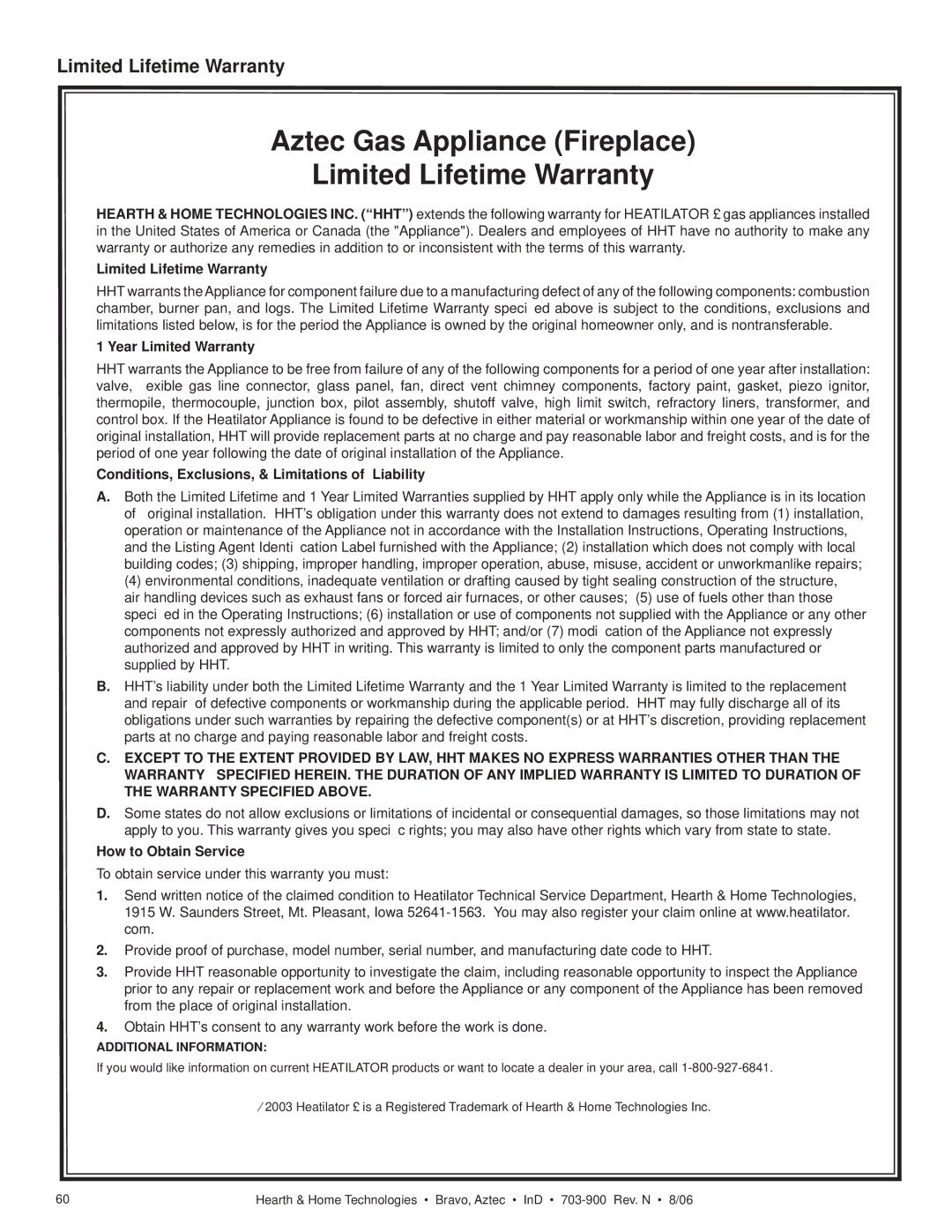 Hearth and Home Technologies Bravo, Aztec Limited Lifetime Warranty, Year Limited Warranty, How to Obtain Service 