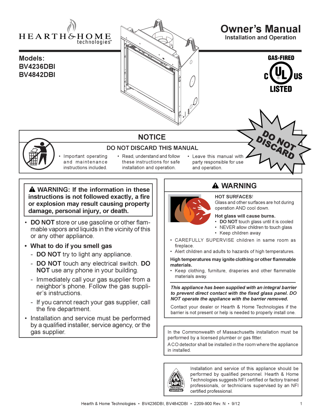 Hearth and Home Technologies BV4236DBI manual What to do if you smell gas, Do Discardnot 