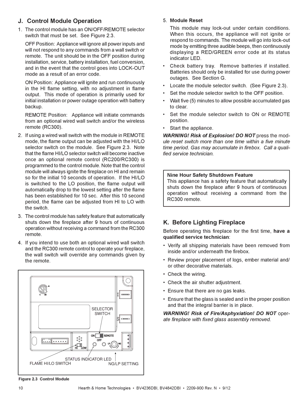 Hearth and Home Technologies BV4236DBI manual Control Module Operation, Before Lighting Fireplace, Module Reset 