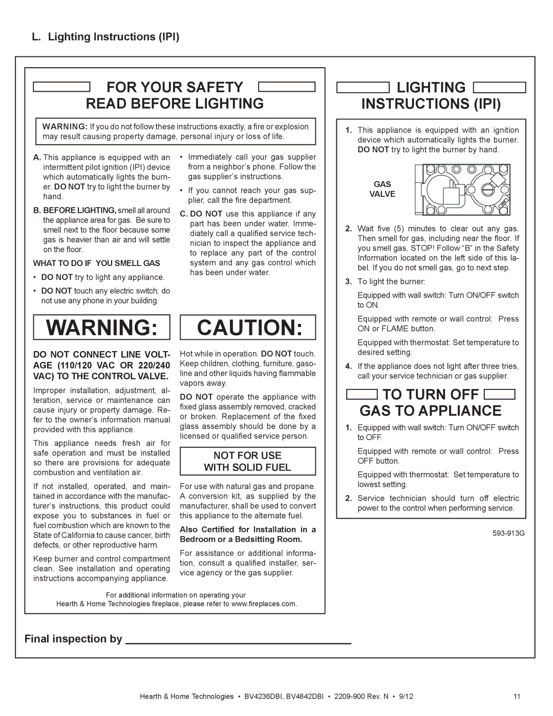 Hearth and Home Technologies BV4236DBI manual Lighting Instructions IPI, Final inspection by, Do not Connect Line Volt 