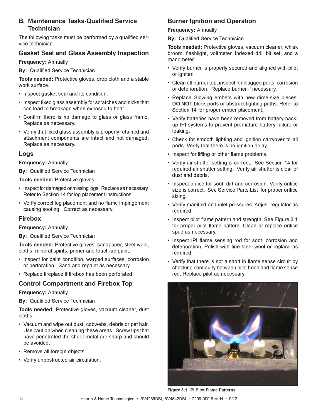 Hearth and Home Technologies BV4236DBI manual Maintenance Tasks-Qualified Service Technician, Logs, Firebox 