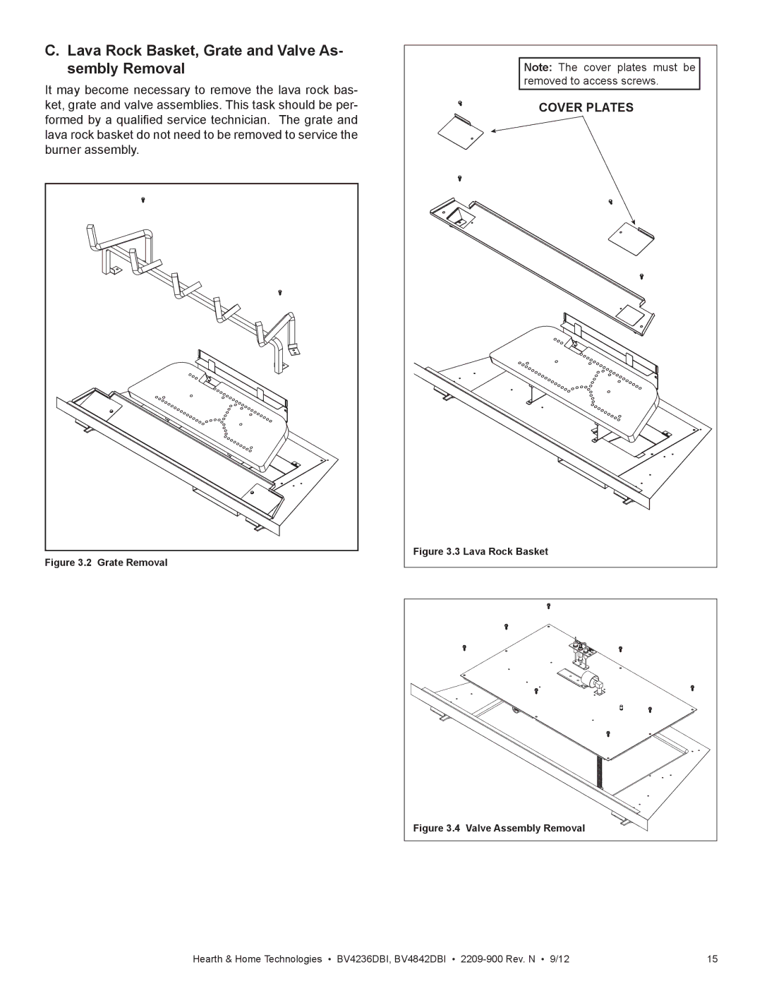 Hearth and Home Technologies BV4236DBI manual Lava Rock Basket, Grate and Valve As- sembly Removal, Cover Plates 