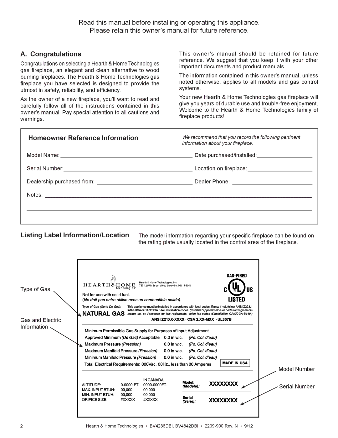 Hearth and Home Technologies BV4236DBI manual Congratulations, Homeowner Reference Information, Xxxxxxxx 