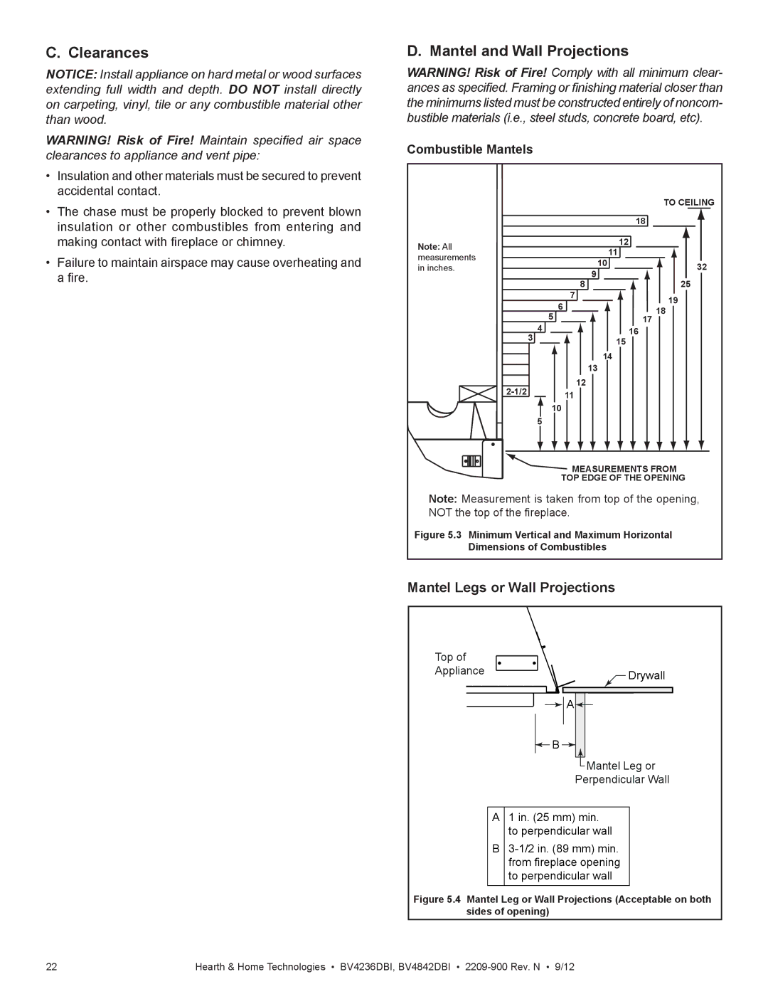 Hearth and Home Technologies BV4236DBI manual Clearances Mantel and Wall Projections, Combustible Mantels 