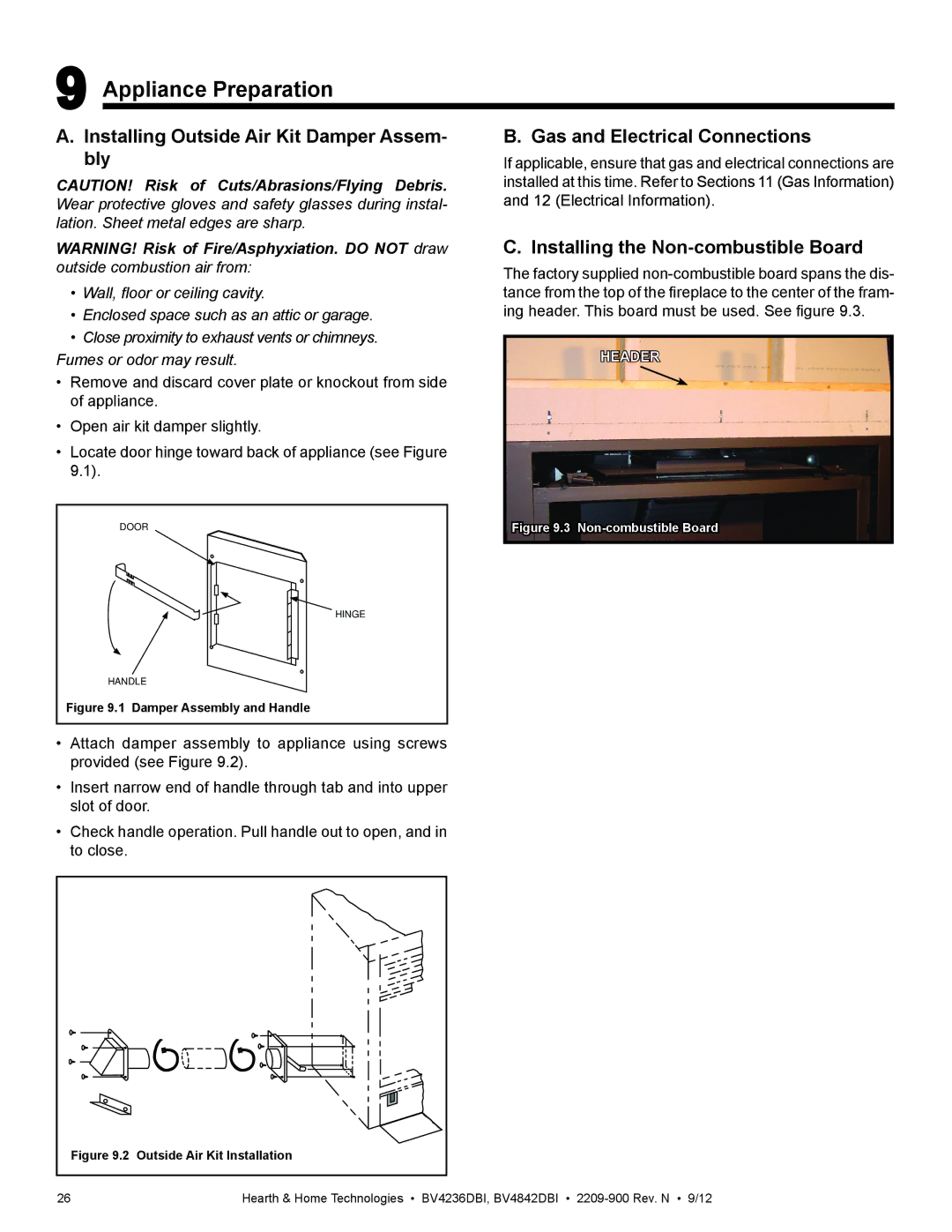 Hearth and Home Technologies BV4236DBI manual Appliance Preparation, Installing Outside Air Kit Damper Assem- bly 