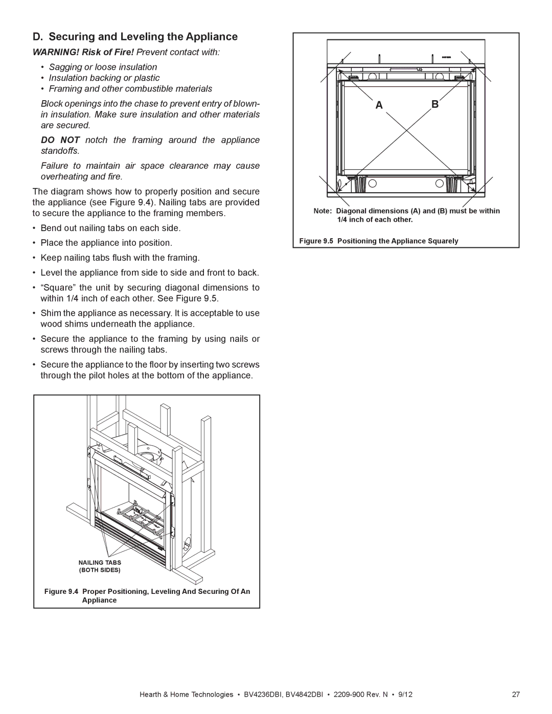 Hearth and Home Technologies BV4236DBI manual Securing and Leveling the Appliance 