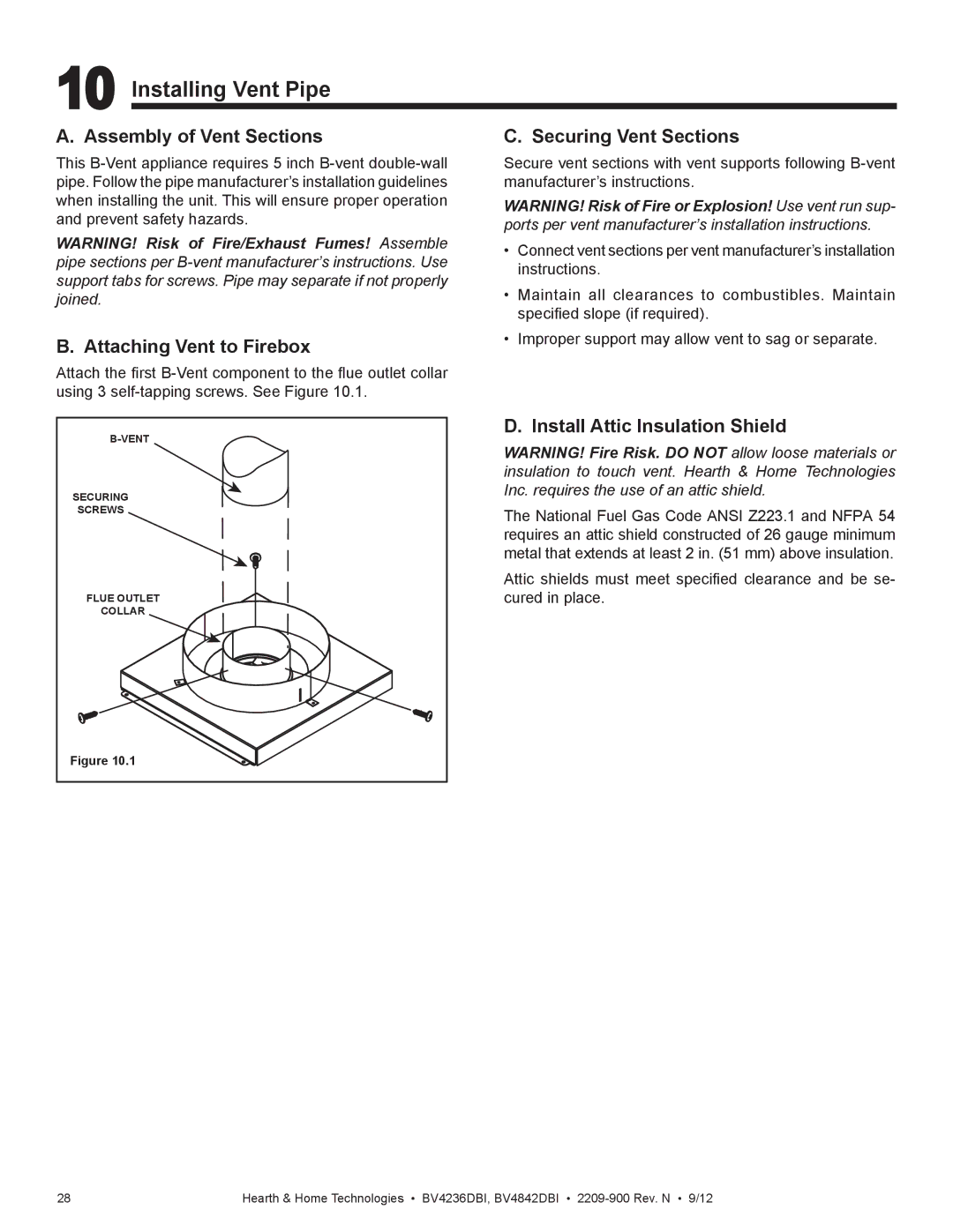 Hearth and Home Technologies BV4236DBI manual Installing Vent Pipe, Assembly of Vent Sections, Attaching Vent to Firebox 