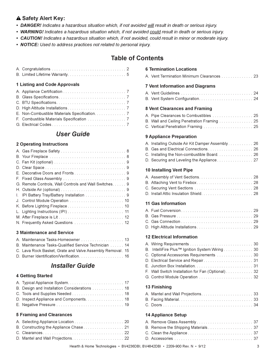 Hearth and Home Technologies BV4236DBI manual Table of Contents, User Guide 