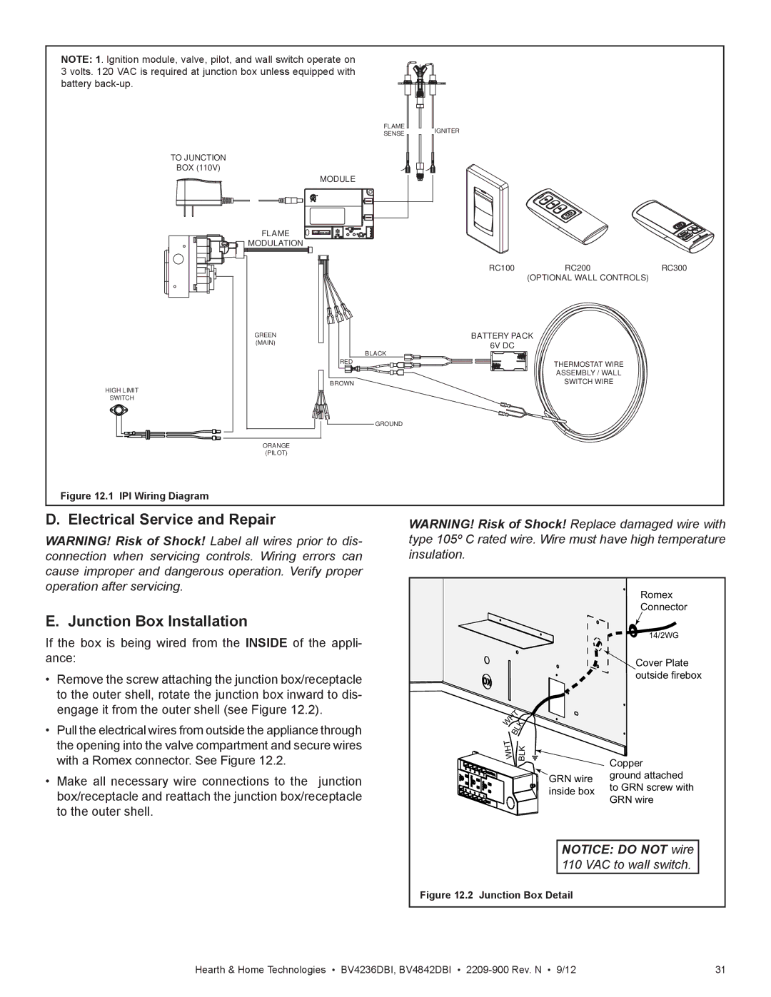 Hearth and Home Technologies BV4236DBI manual Electrical Service and Repair 