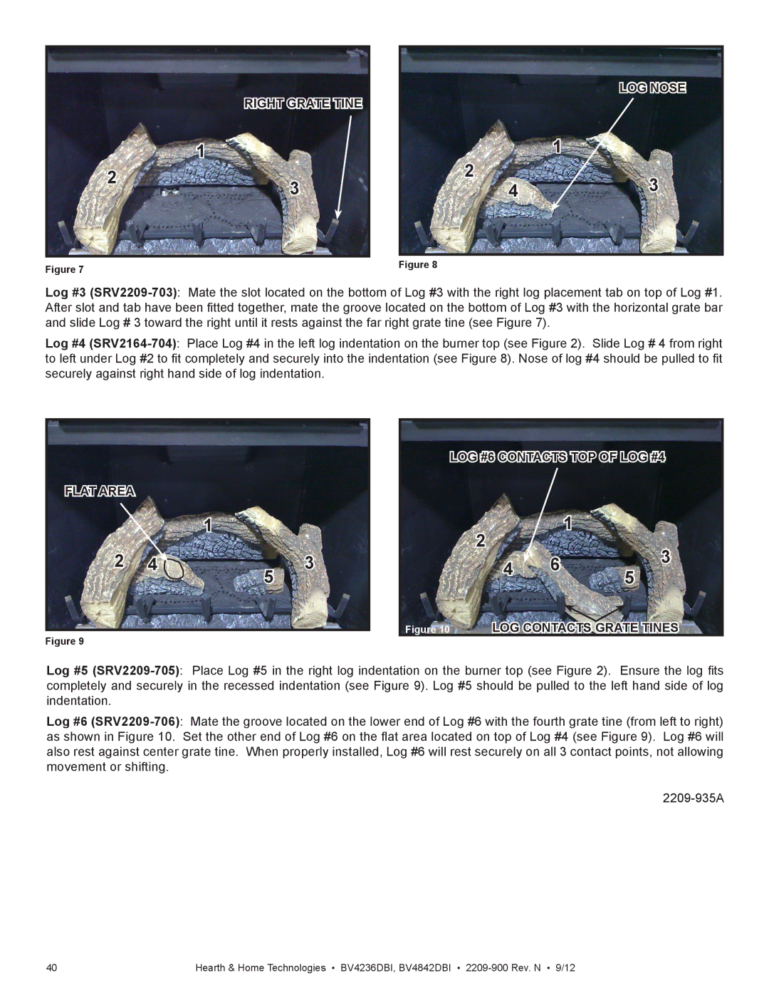 Hearth and Home Technologies BV4236DBI manual Right Grate Tine, LOG Nose, Flat Area LOG #6 Contacts TOP of LOG #4 