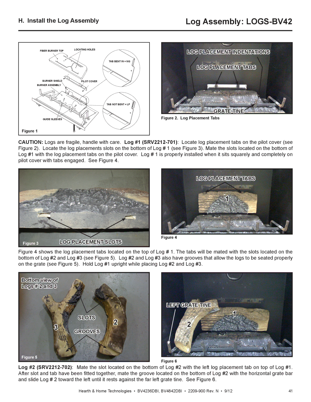 Hearth and Home Technologies BV4236DBI Install the Log Assembly, LOG Placement Indentations LOG Placement Tabs Grate Tine 