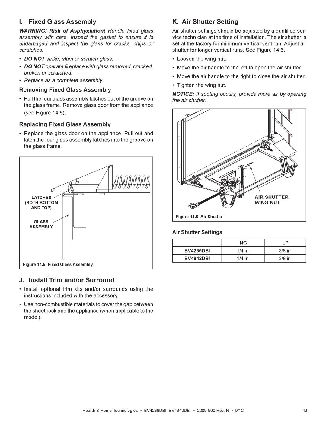 Hearth and Home Technologies BV4236DBI manual Install Trim and/or Surround, Air Shutter Settings 