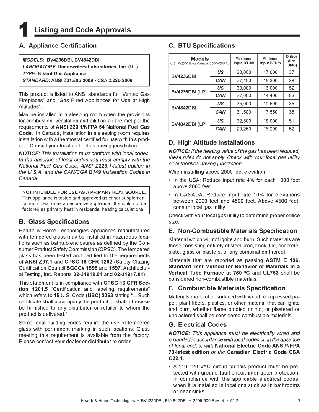 Hearth and Home Technologies BV4236DBI manual Listing and Code Approvals 