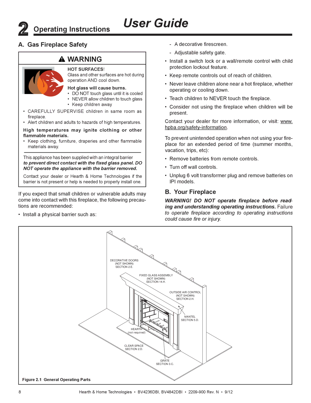 Hearth and Home Technologies BV4236DBI manual Operating Instructions User Guide, Gas Fireplace Safety, Your Fireplace 