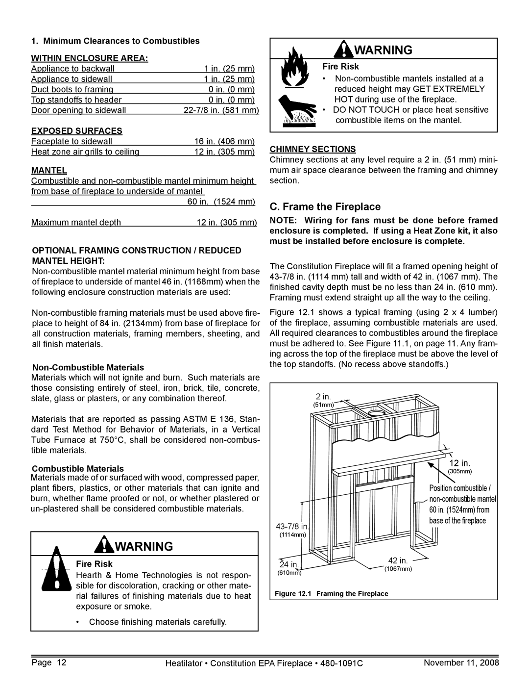 Hearth and Home Technologies C-40 Frame the Fireplace, Minimum Clearances to Combustibles, Non-Combustible Materials 