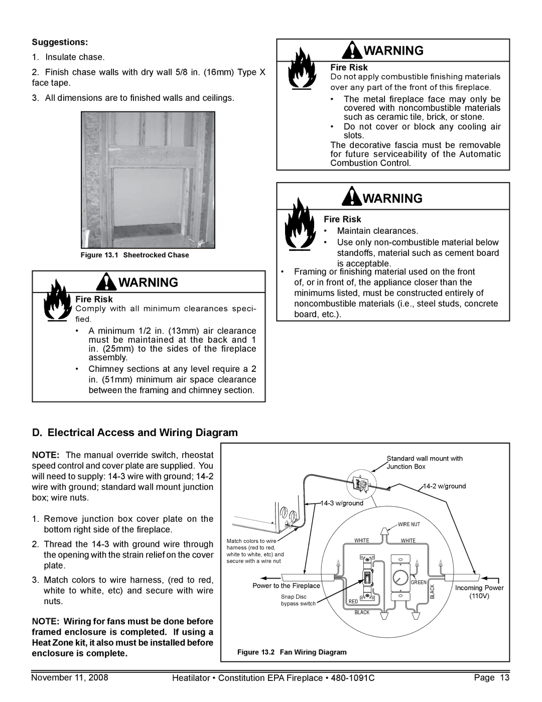Hearth and Home Technologies C-40 warranty Electrical Access and Wiring Diagram, Suggestions 