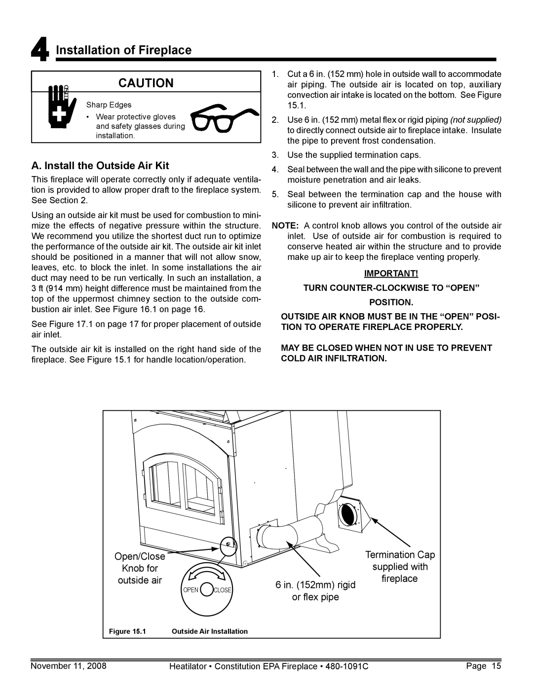 Hearth and Home Technologies C-40 warranty Installation of Fireplace, Install the Outside Air Kit 