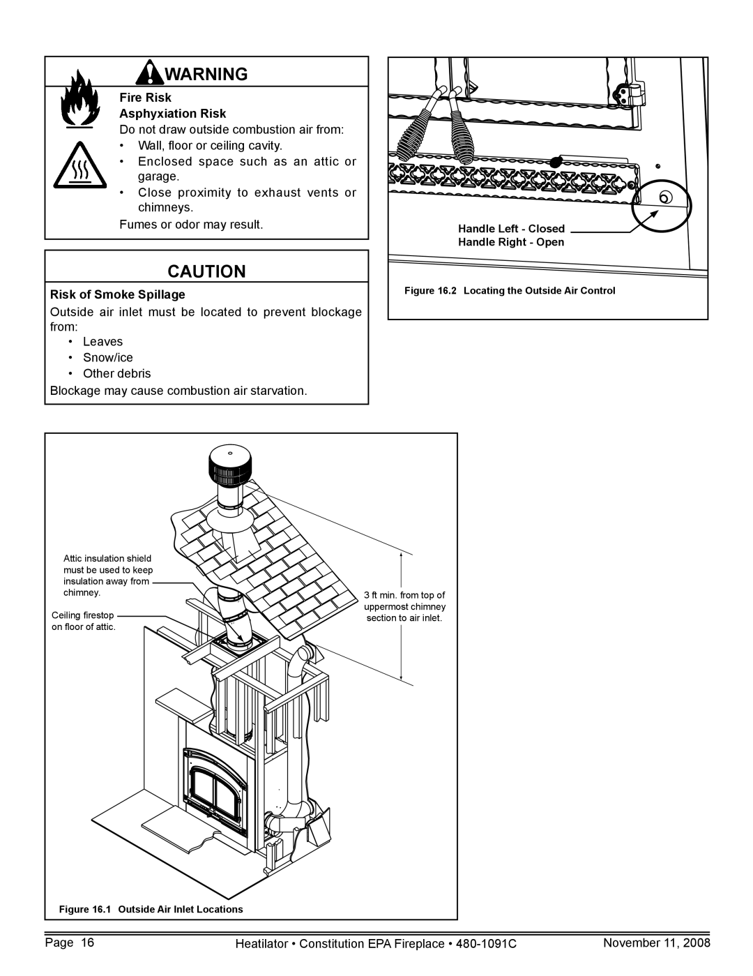 Hearth and Home Technologies C-40 warranty Fire Risk Asphyxiation Risk, Risk of Smoke Spillage, Handle Left Closed 