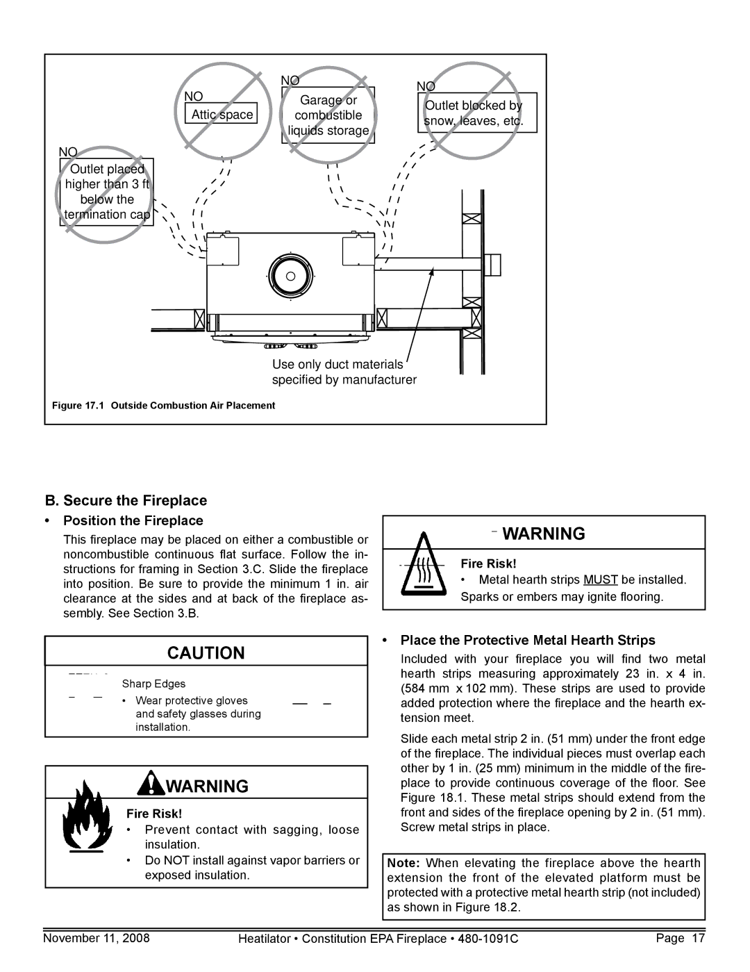 Hearth and Home Technologies C-40 Secure the Fireplace, Position the Fireplace, Place the Protective Metal Hearth Strips 