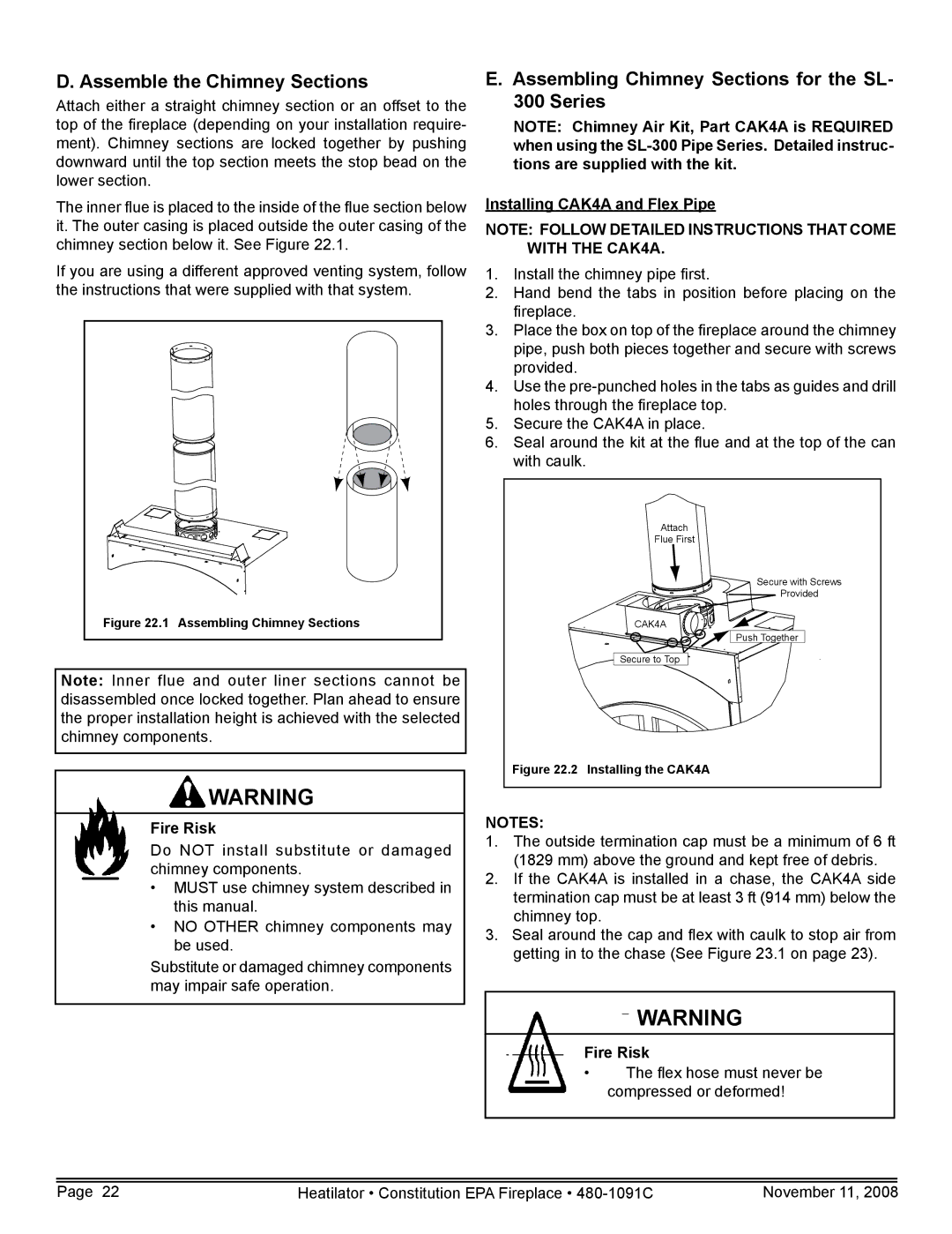 Hearth and Home Technologies C-40 Assemble the Chimney Sections, Assembling Chimney Sections for the SL- 300 Series 