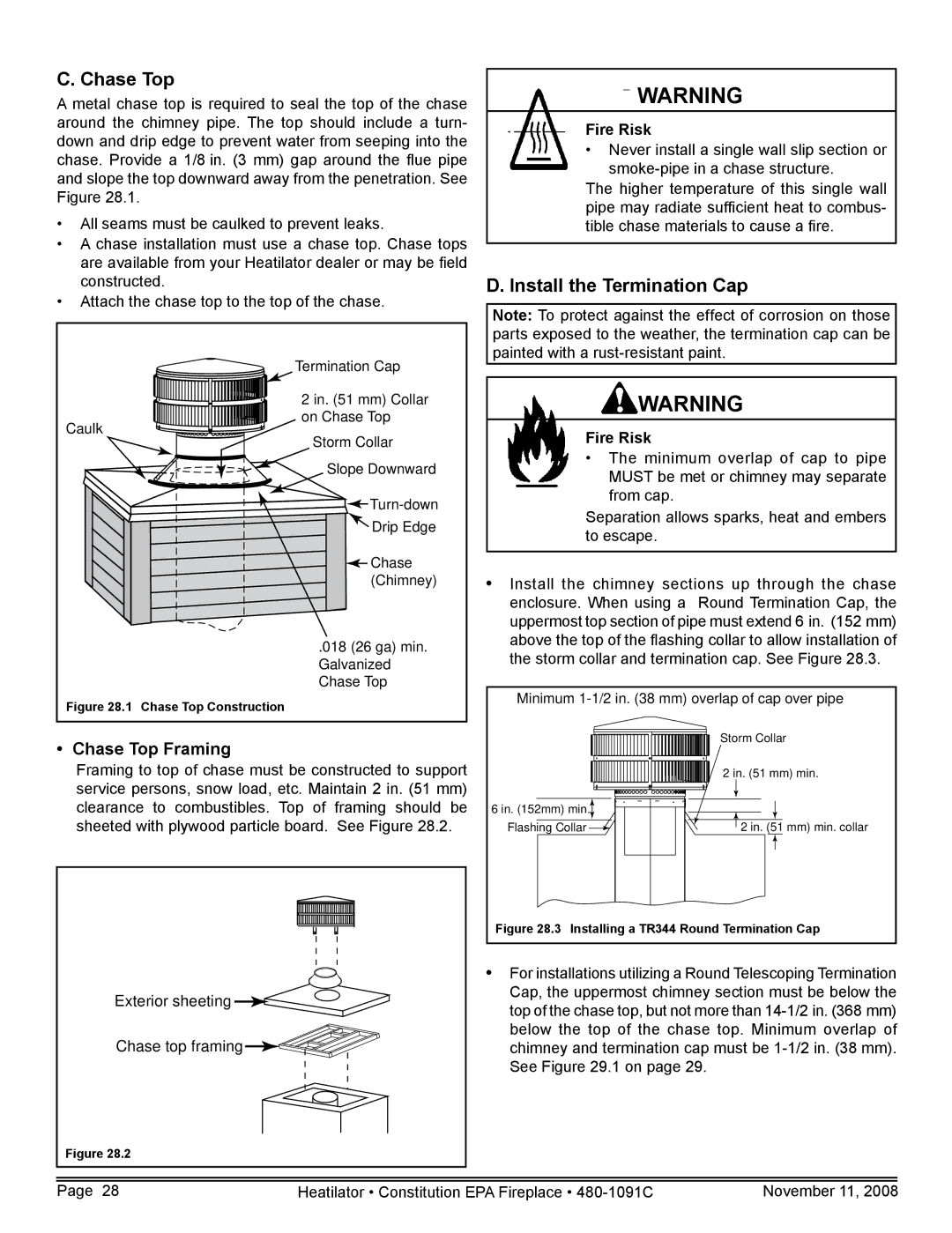 Hearth and Home Technologies C-40 warranty Install the Termination Cap, Chase Top Framing 