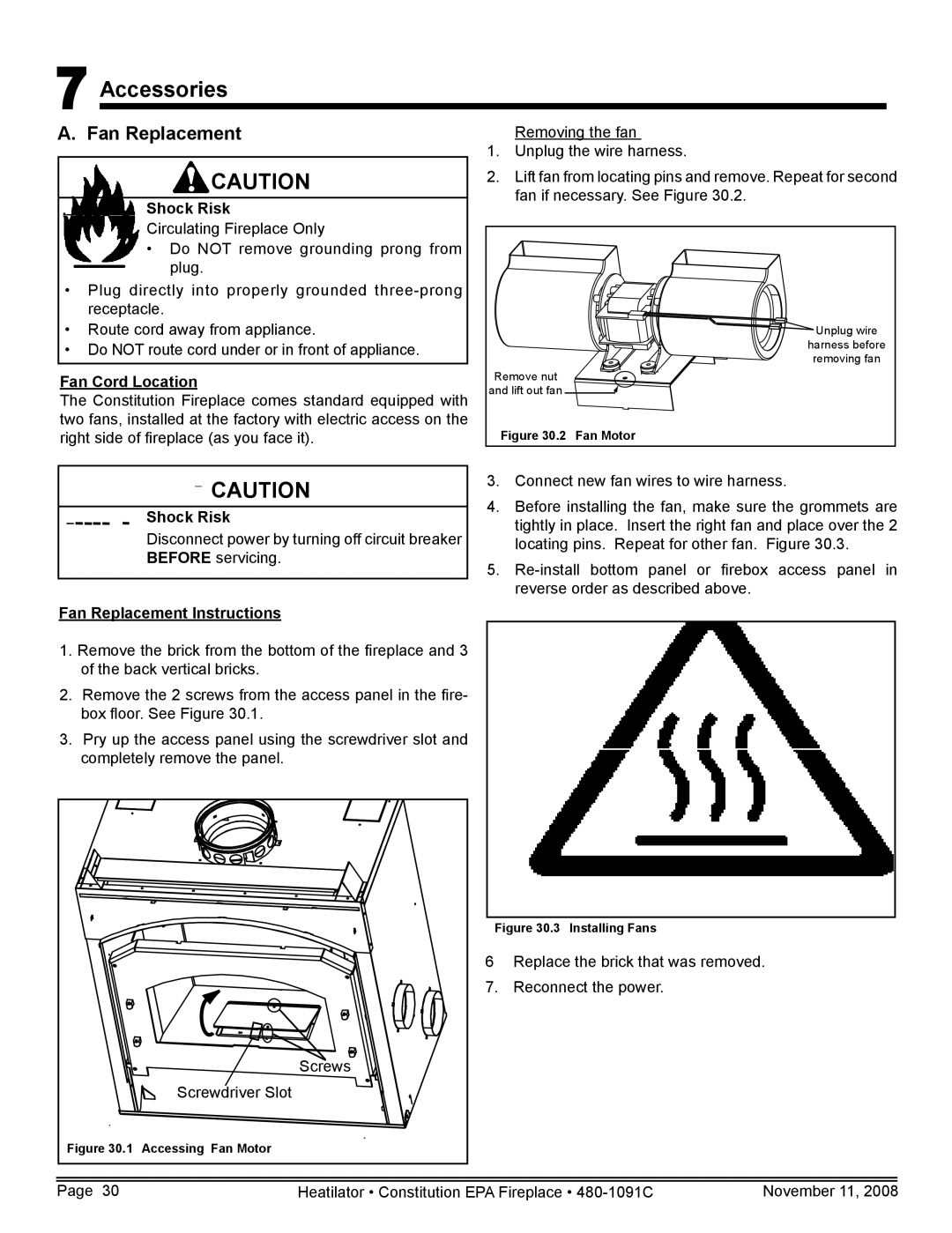 Hearth and Home Technologies C-40 warranty Accessories, Fan Replacement, Shock Risk, Fan Cord Location 