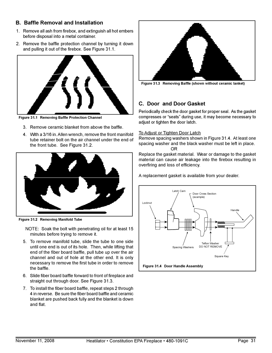 Hearth and Home Technologies C-40 warranty Baffle Removal and Installation, Door and Door Gasket 