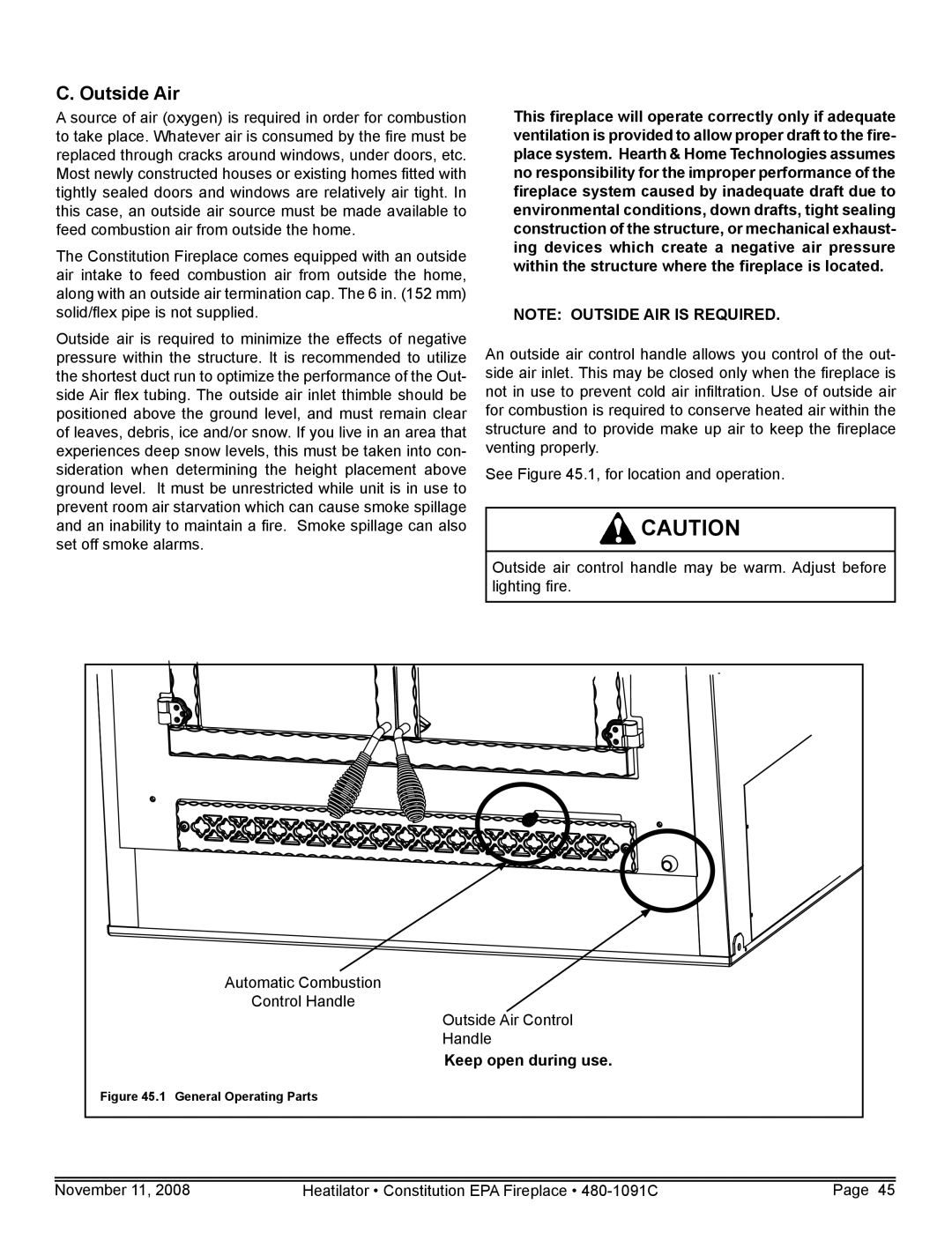 Hearth and Home Technologies C-40 warranty Outside Air, Keep open during use 