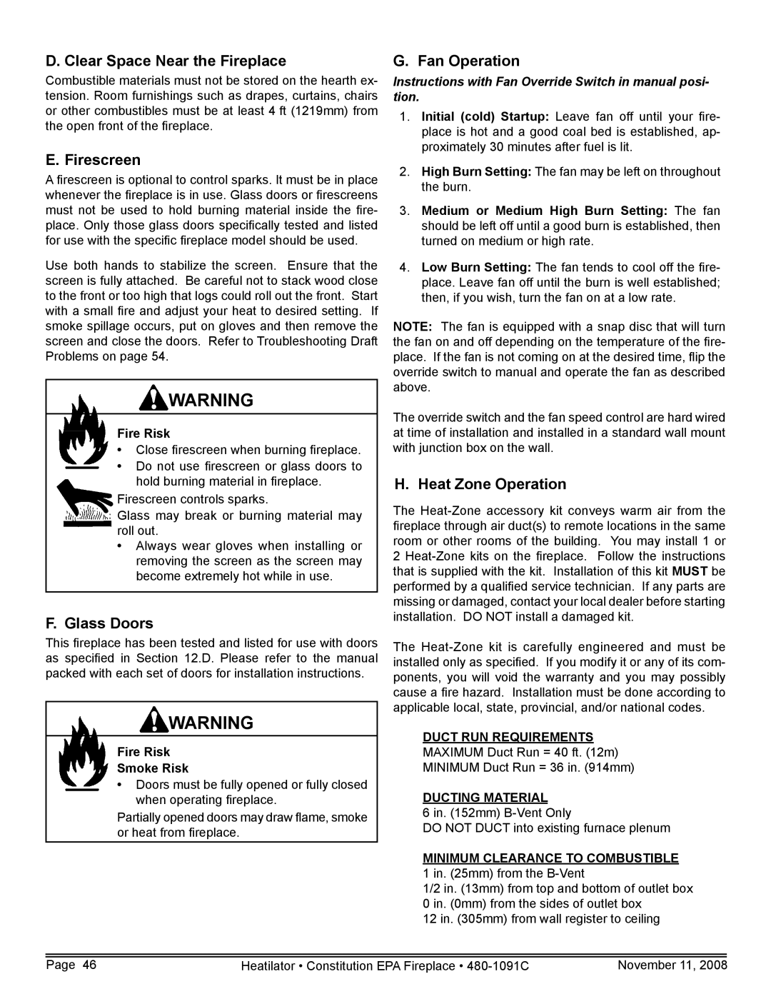 Hearth and Home Technologies C-40 warranty Clear Space Near the Fireplace, Firescreen, Glass Doors, Fan Operation 