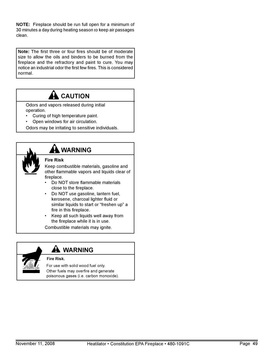 Hearth and Home Technologies C-40 warranty Fire Risk 