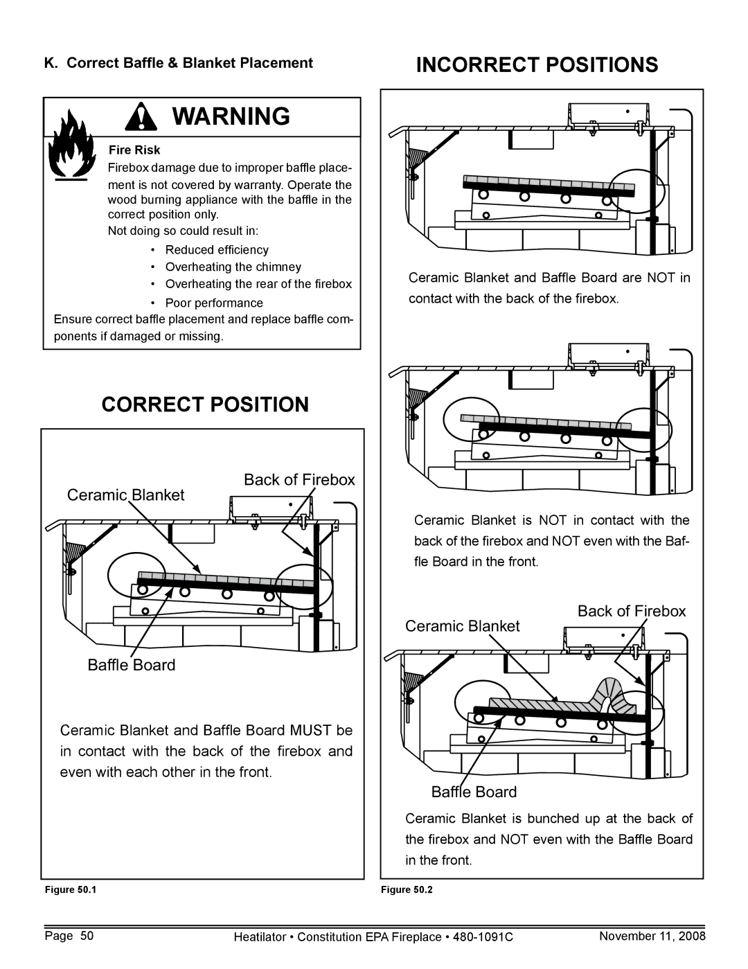 Hearth and Home Technologies C-40 warranty Incorrect Positions, Correct Baffle & Blanket Placement 