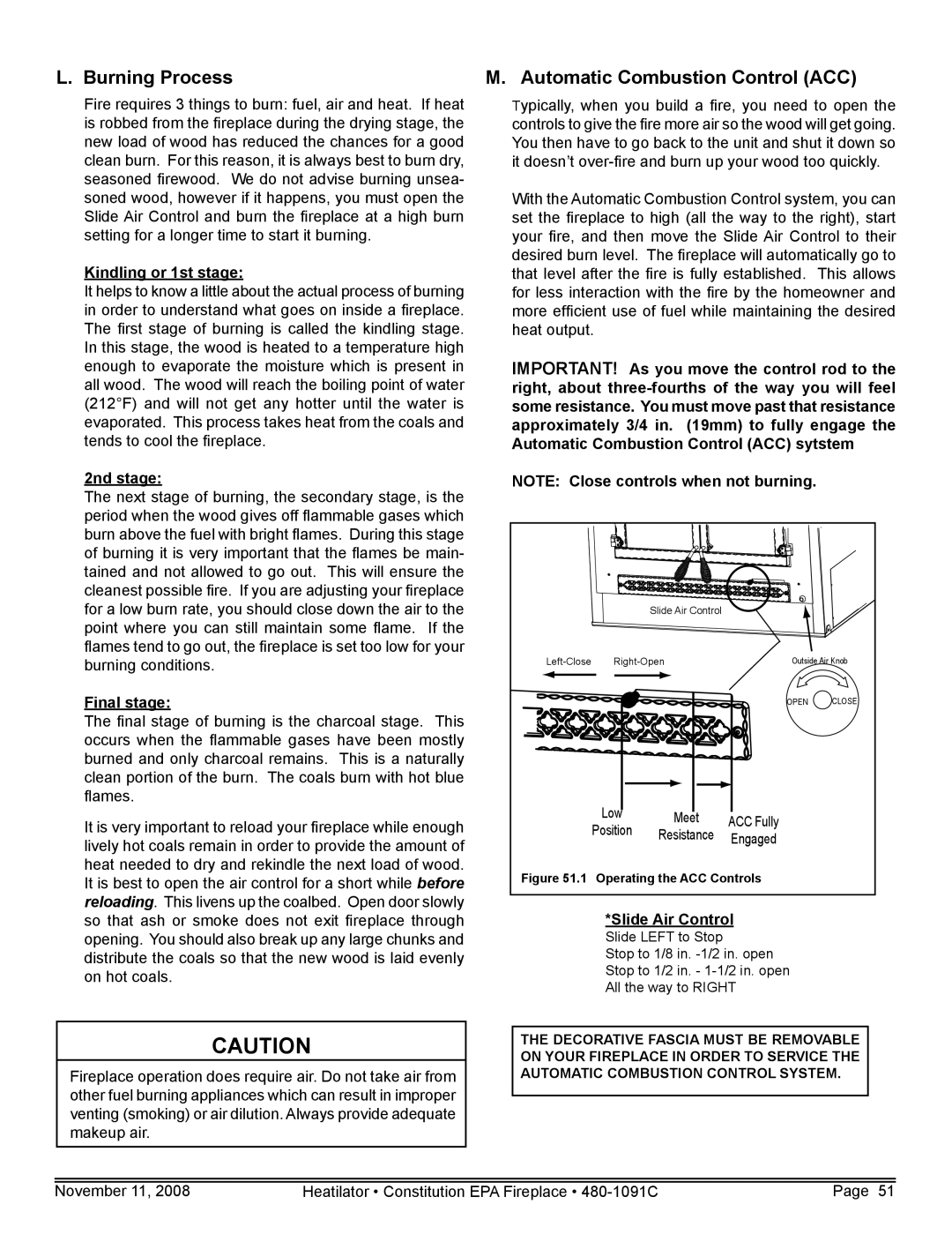 Hearth and Home Technologies C-40 warranty Burning Process, Automatic Combustion Control ACC 