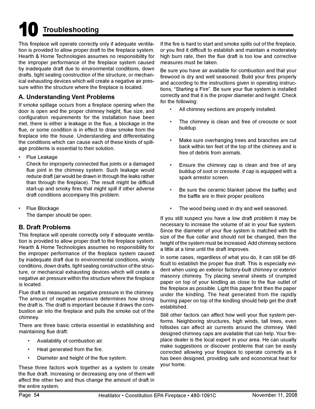 Hearth and Home Technologies C-40 warranty Troubleshooting, Understanding Vent Problems, Draft Problems 