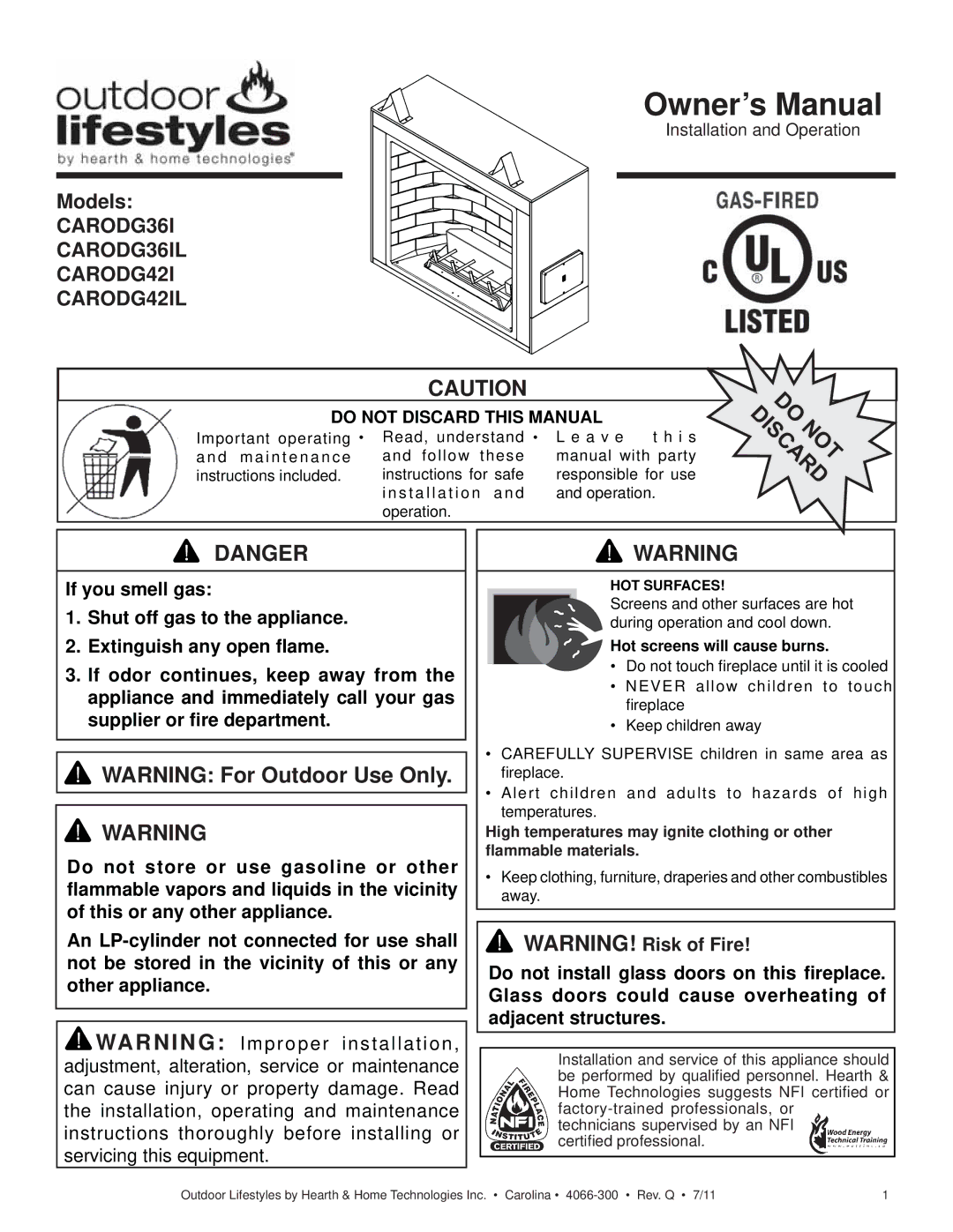 Hearth and Home Technologies CARDOG36IL, CARDOG42IL owner manual CARODG36I CARODG36IL CARODG42I CARODG42IL 