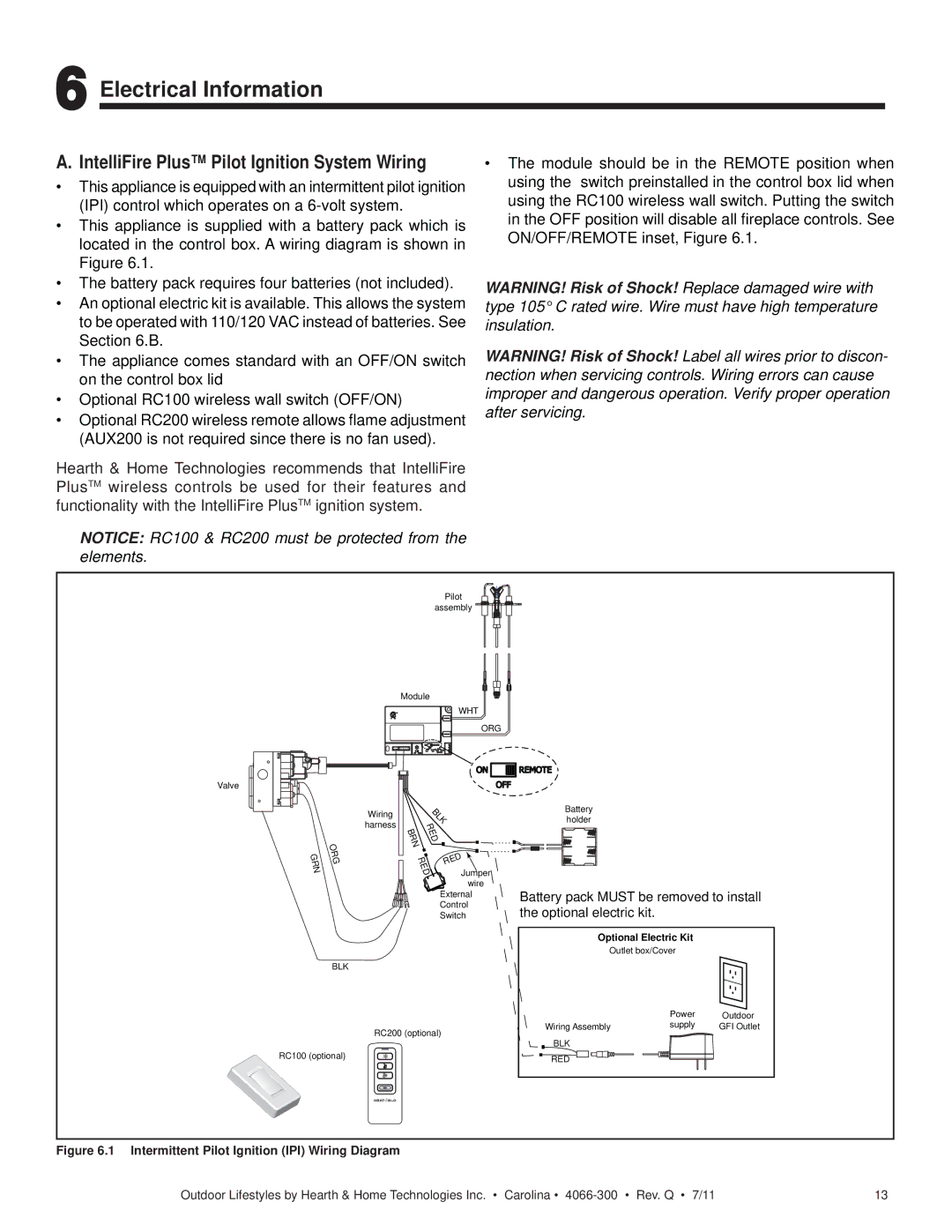 Hearth and Home Technologies CARDOG42I, CARODG36I Electrical Information, IntelliFire Plus Pilot Ignition System Wiring 