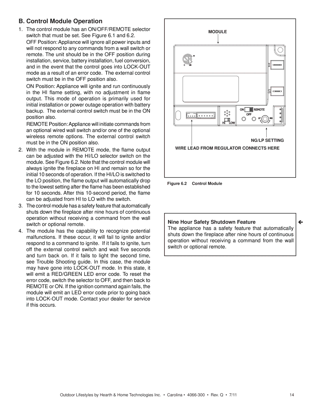 Hearth and Home Technologies CARDOG36IL, CARODG36I, CARDOG42I Control Module Operation, Nine Hour Safety Shutdown Feature 