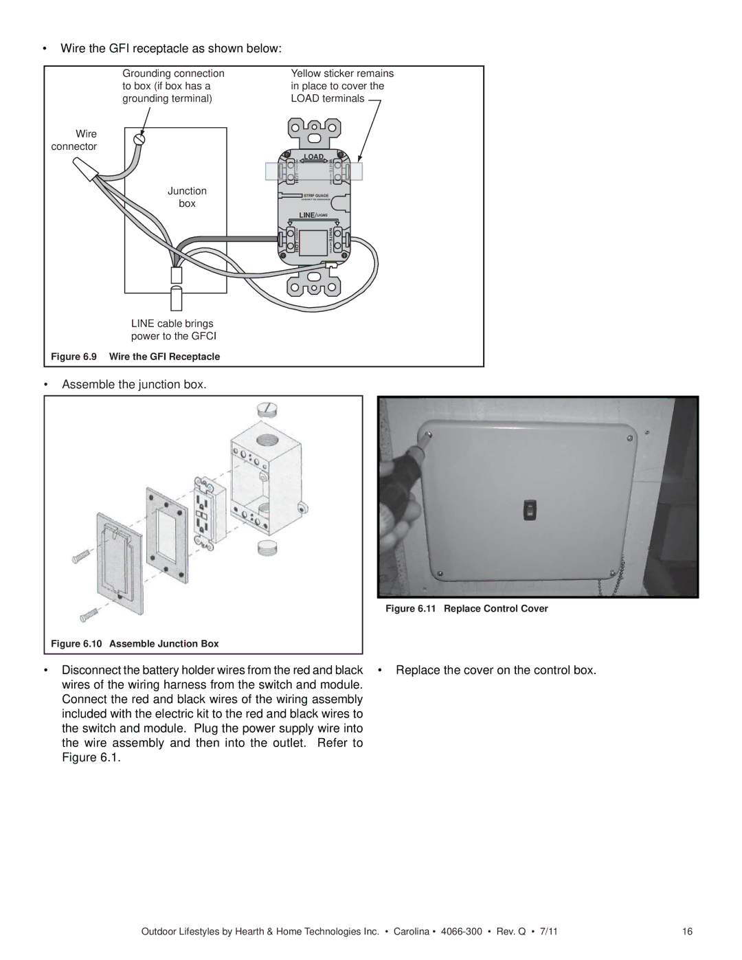 Hearth and Home Technologies CARODG36I, CARDOG42I Wire the GFI receptacle as shown below, Assemble the junction box 