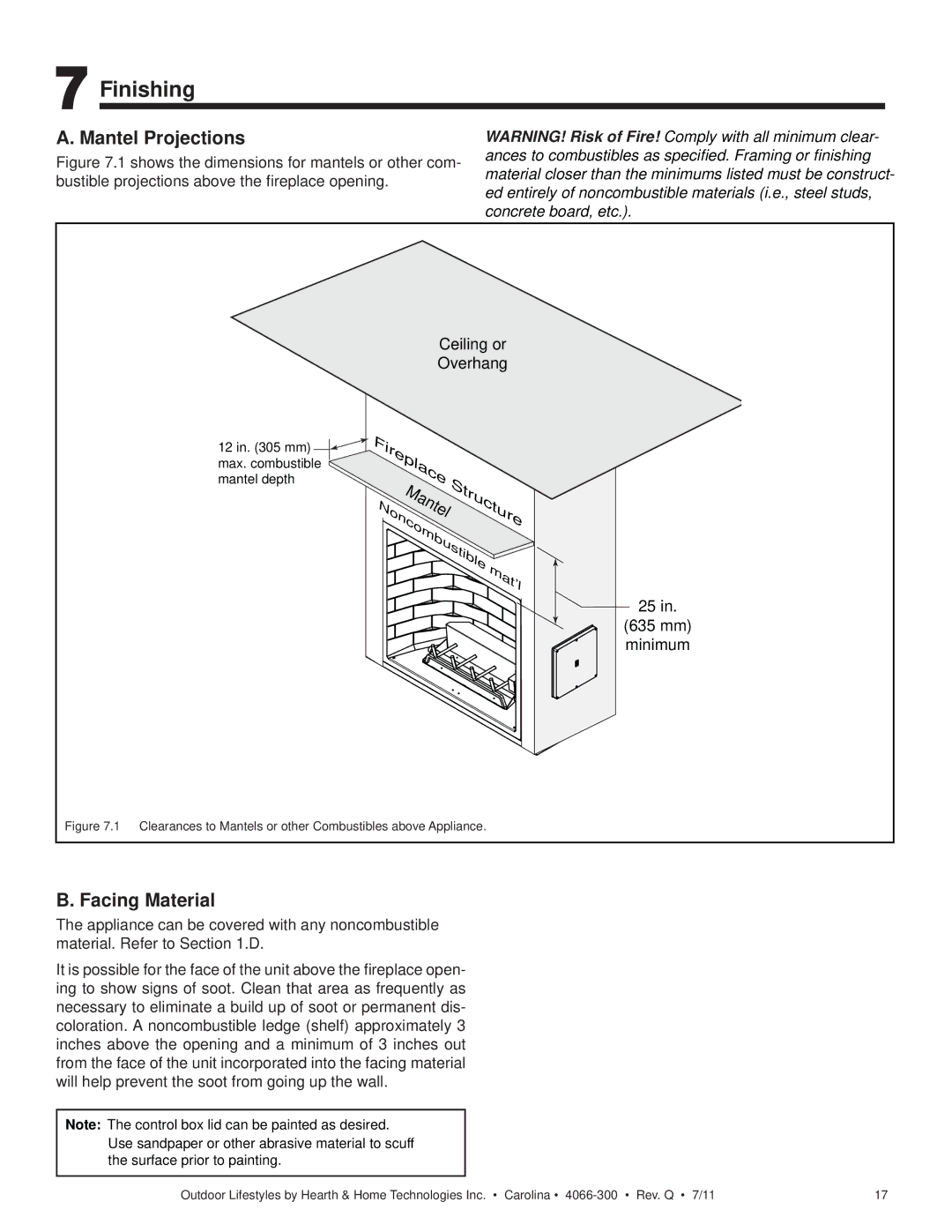 Hearth and Home Technologies CARODG36I, CARDOG36IL, CARDOG42IL owner manual Mantel Projections, Facing Material 