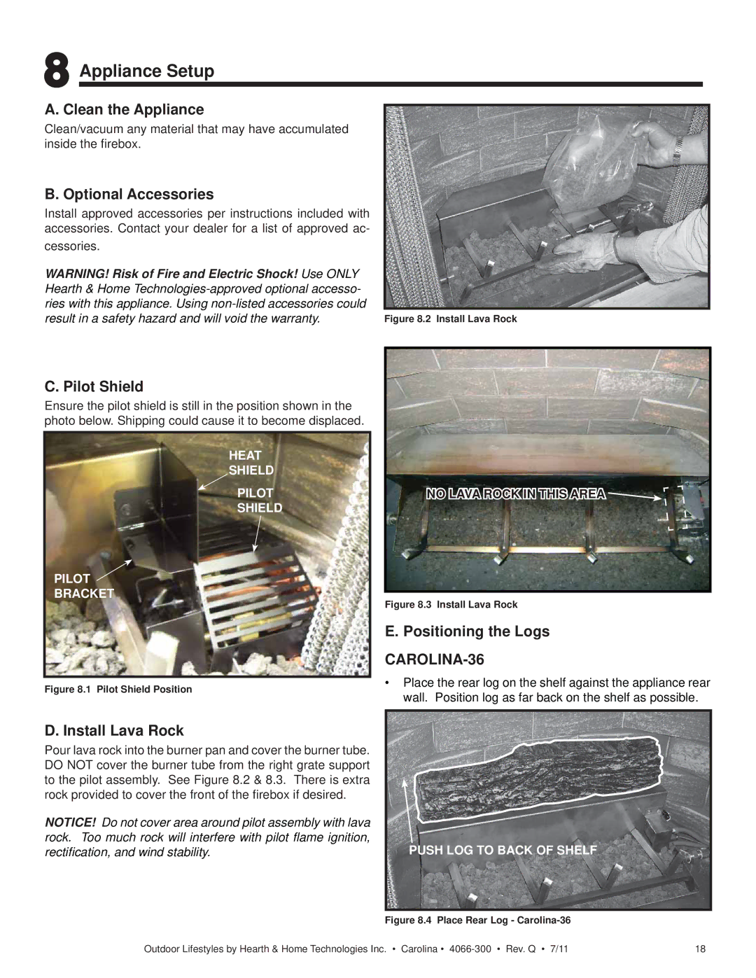 Hearth and Home Technologies CARDOG36IL, CARODG36I, CARDOG42I Pilot Shield, Install Lava Rock, Positioning the Logs 