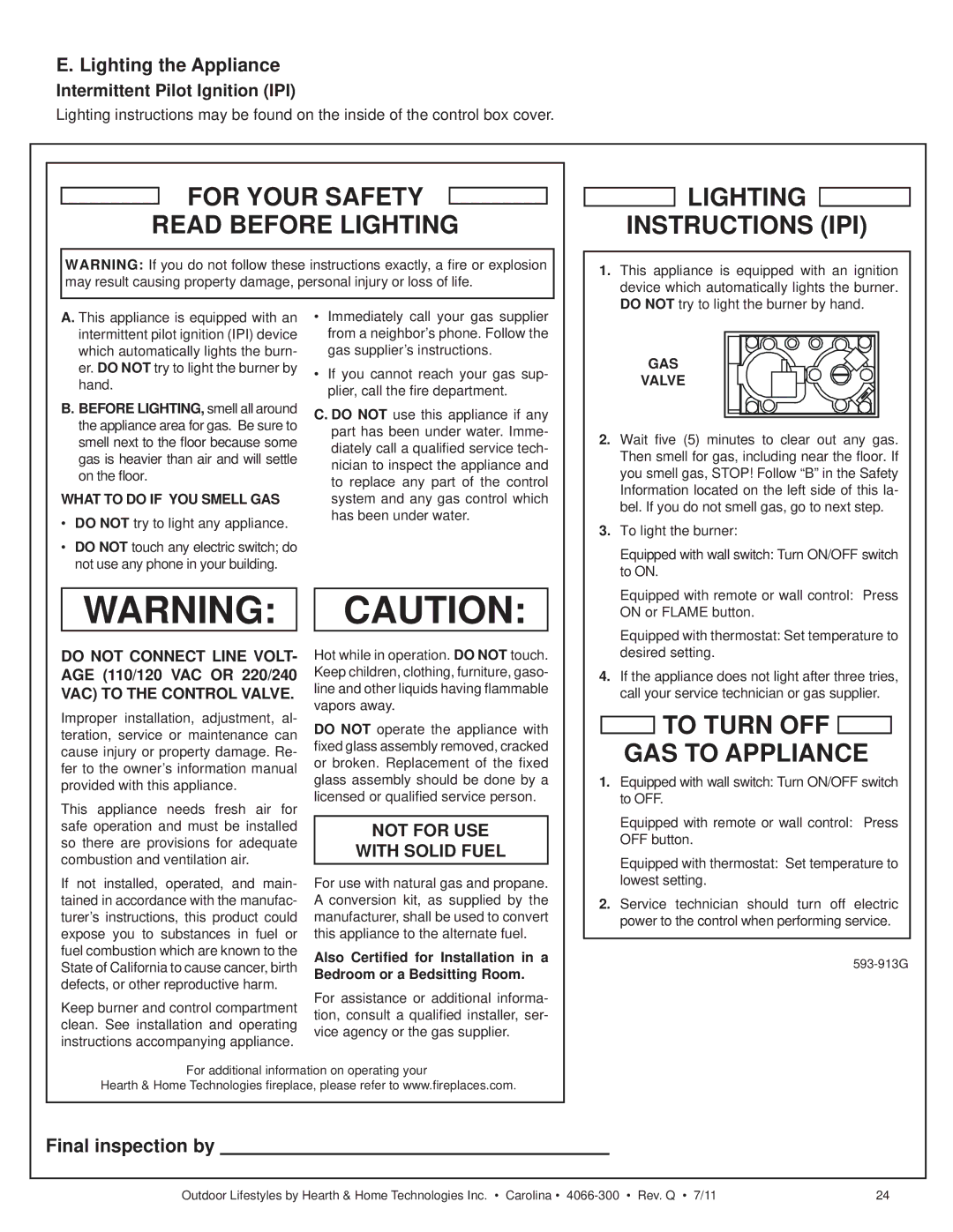 Hearth and Home Technologies CARODG36I, CARDOG36IL, CARDOG42IL owner manual Lighting the Appliance, Final inspection by 