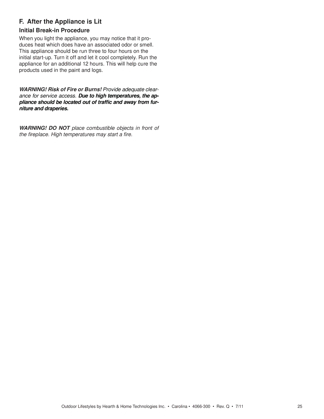 Hearth and Home Technologies CARDOG42I, CARODG36I, CARDOG36IL After the Appliance is Lit, Initial Break-in Procedure 