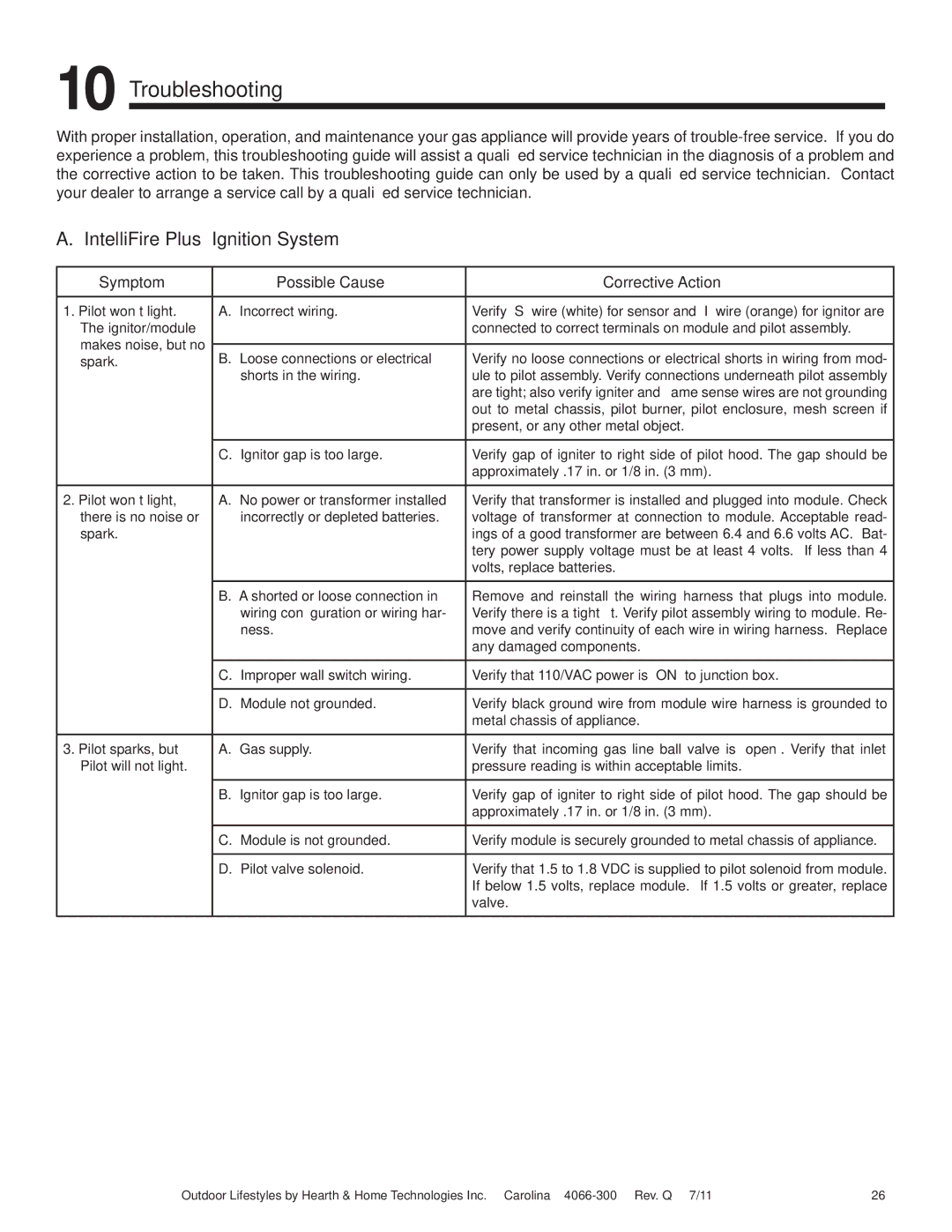 Hearth and Home Technologies CARDOG36IL, CARODG36I, CARDOG42IL Troubleshooting, IntelliFire Plus Ignition System 