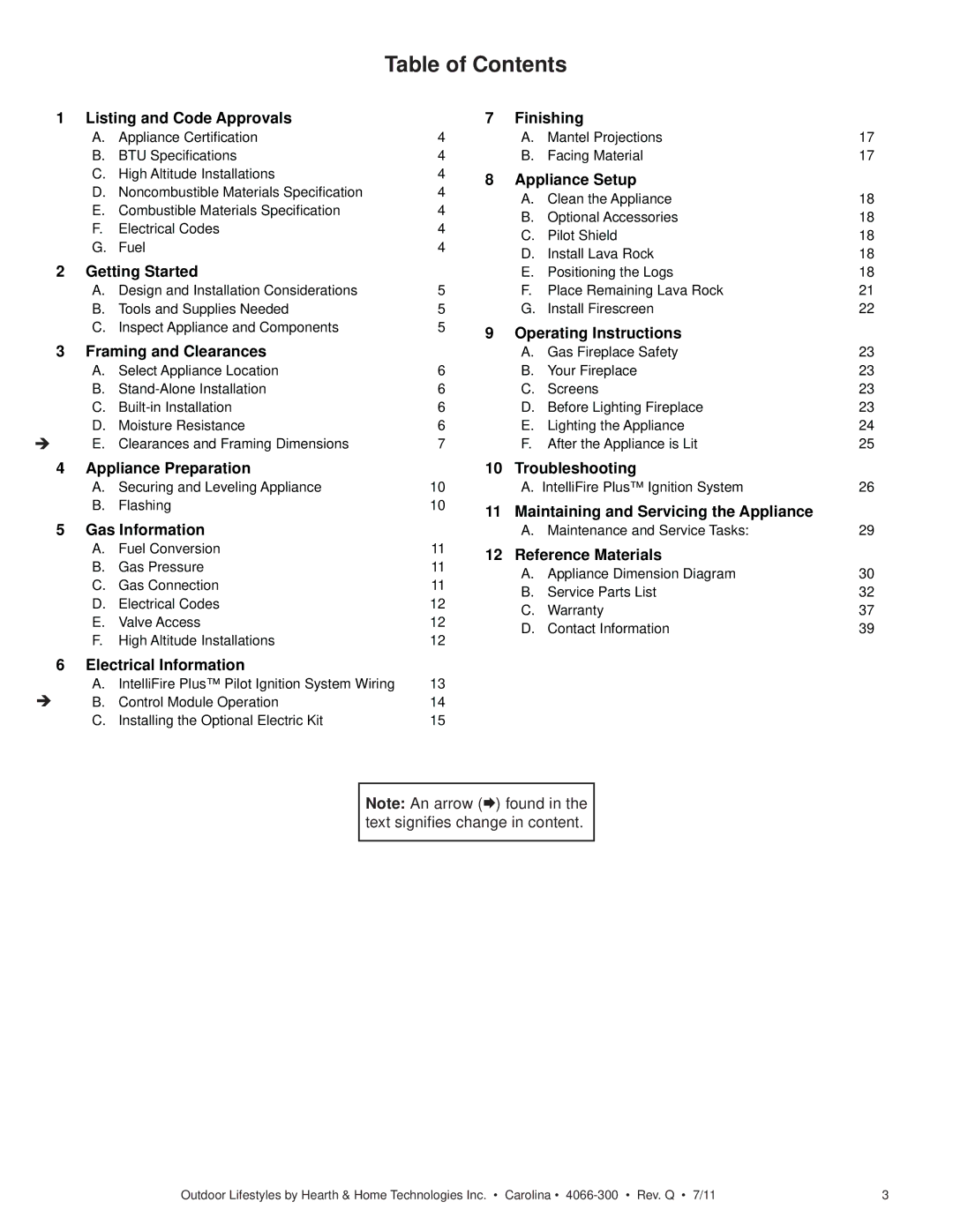 Hearth and Home Technologies CARDOG42IL, CARODG36I, CARDOG36IL owner manual Table of Contents 