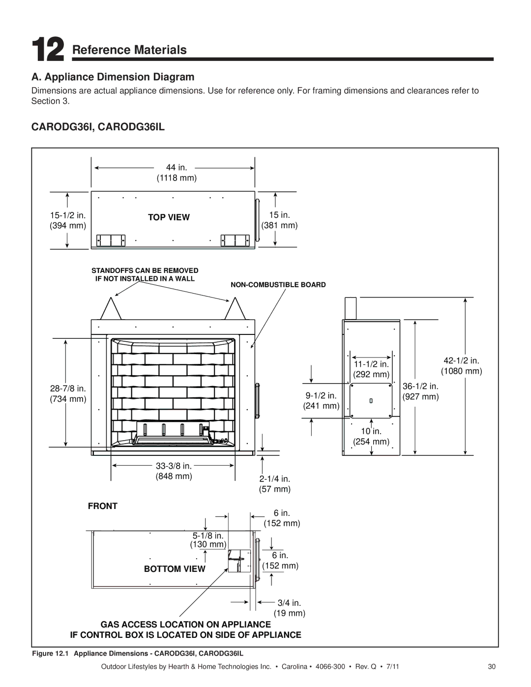 Hearth and Home Technologies CARDOG36IL, CARODG36I, CARDOG42IL Reference Materials, Appliance Dimension Diagram 