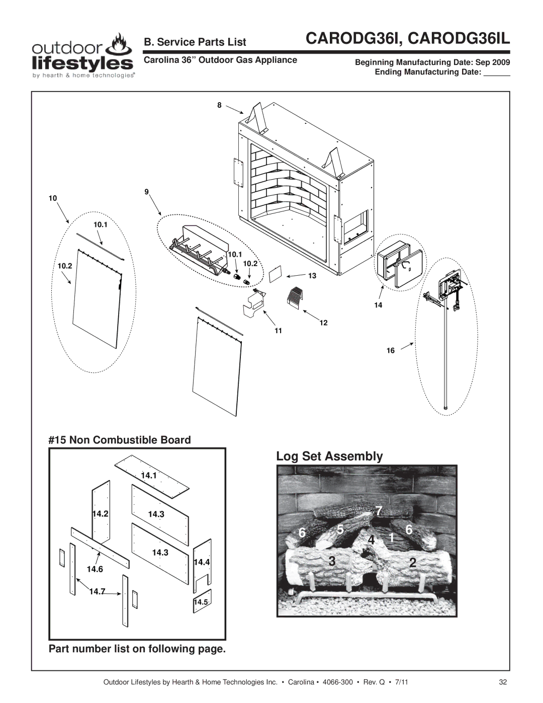 Hearth and Home Technologies CARODG36I, CARDOG42I Log Set Assembly, Service Parts List, #15 Non Combustible Board 